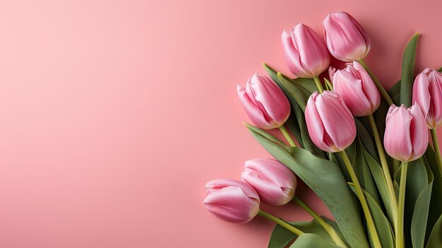 carta bianca con fiori di tulipano colorati su sfondo rosa pastello