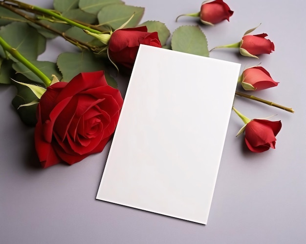 Carta bianca con spazio per il proprio contenuto Bouquet rosato di rose sullo sfondo chiaro San Valentino come simbolo di affetto e amore