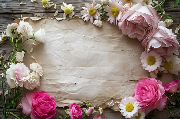 Carta bianca di legno con rose e margherite