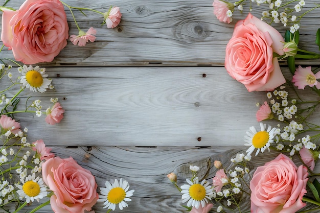 Carta bianca di legno con rose e margherite