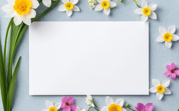 Carta bianca in bianco e bellissimo fiore primaverile su sfondo blu Top view mockup o biglietto di auguri in stile flat lay