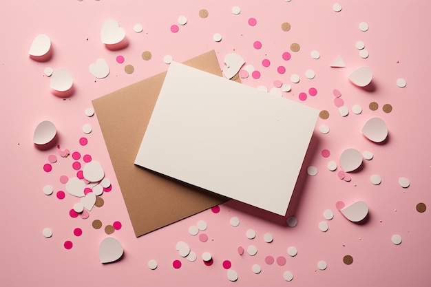 Carta bianca mock up su sfondo rosa con cuore rosa Illustrazione AI Generative