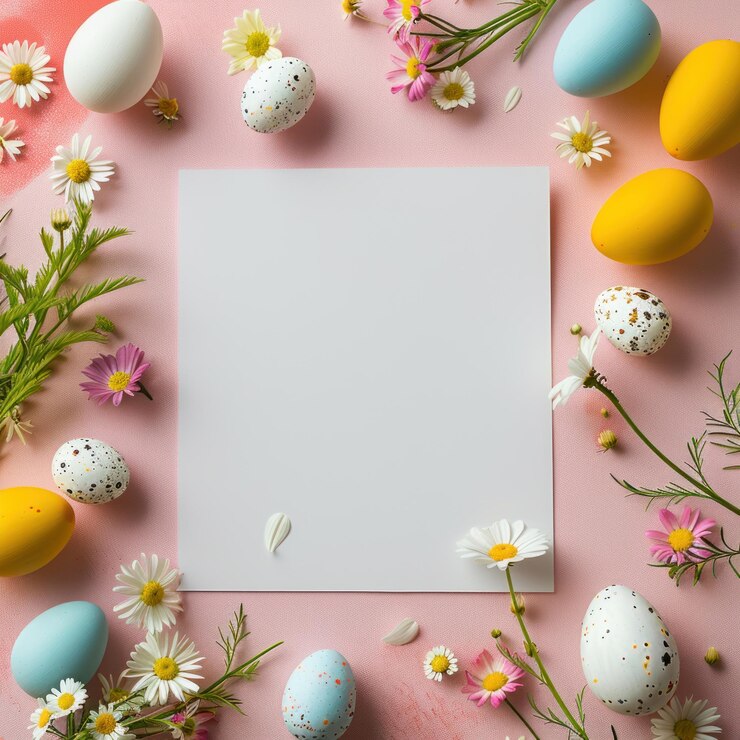 Carta bianca su sfondo rosa minimalista con fiori di camomilla uova di Pasqua
