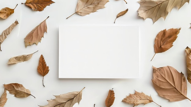Carta bianca vuota con foglie cadute
