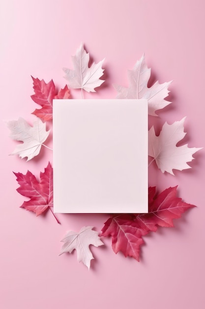Carta bianca vuota su sfondo rosa con foglie d'acero cartolina AI generativa