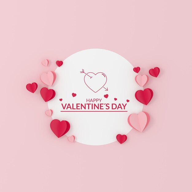 Carta circolare e cuori di carta intorno su uno sfondo rosa per san valentino. illustrazione 3D.