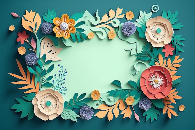 Carta colorata fiori recisi con foglie verdi su sfondo blu Illustrazione AI generativa