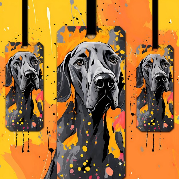 Carta con piastrina per cani Great Dane Carta nera Schizzi di vernice artistica o Carta di raccolta design vettoriale 2D piatta