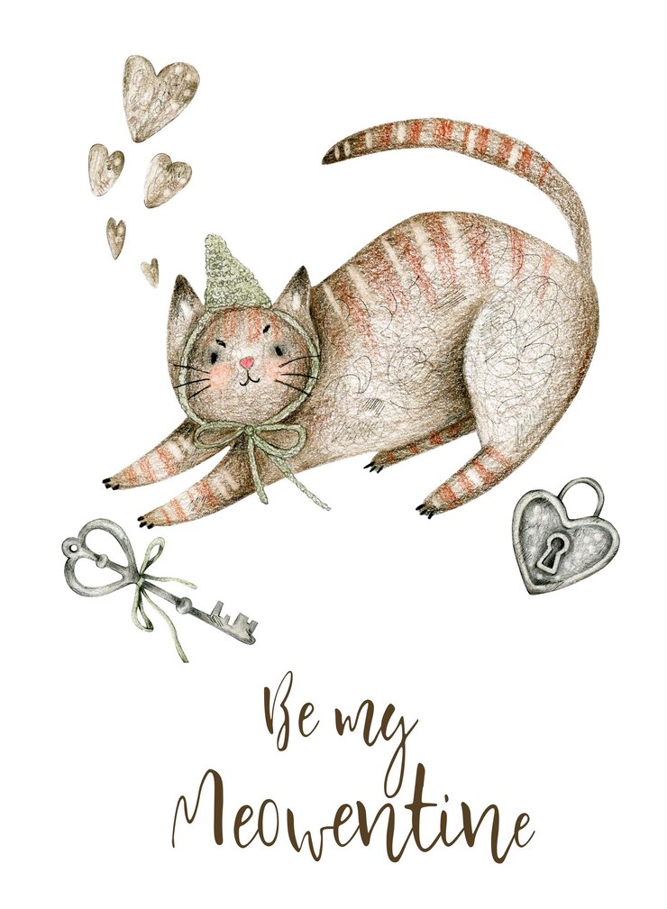 Foto carta d'illustrazione ad acquerello sia il mio meowentine con cuore di gatto chiave chiusa isolata su bianco