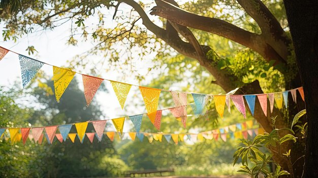 carta da festa colorata che suona sull'albero nello stile di scene aeree vibranti