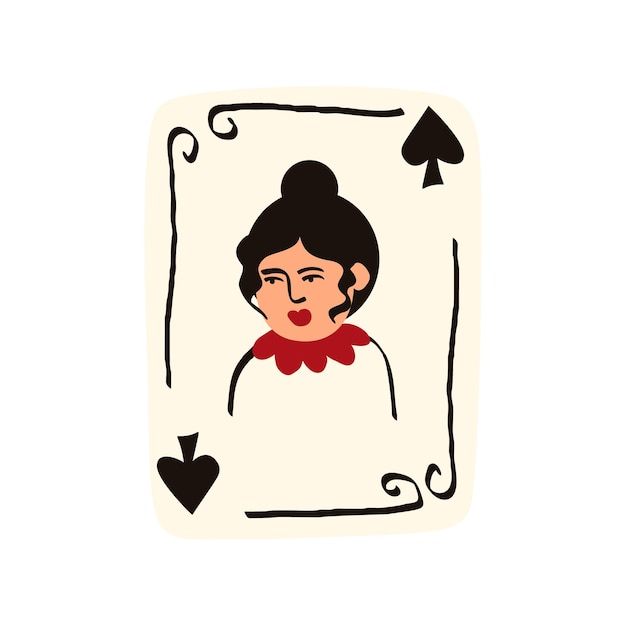 Carta da gioco con l'illustrazione di Queen of Spades Valentines Day in stile doodle