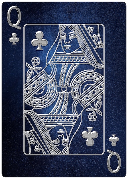 Carta da gioco Queen of Clubs, sfondo spazio, simboli oro argento, con percorso di ritaglio.