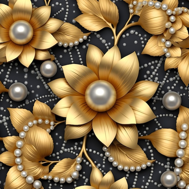 carta da parati 3D a illustrazione florale a disegno senza cuciture gioielli dorati e neri