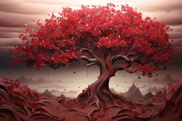 carta da parati 3d astratto di decorazione dell'albero floreale colorato sfondo fantastico rosso e sephia