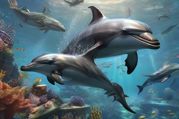 carta da parati 3d barriera corallina tropicale pesci colorati nell'acquario d'acqua