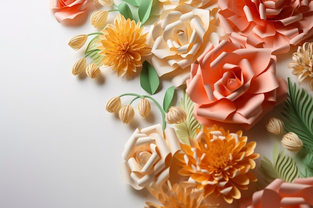 carta da parati 3D di artigianato floreale arancione rosa verde e gialli fiori sullo sfondo chiaro per la decorazione della parete della stanza dei bambini generare ai