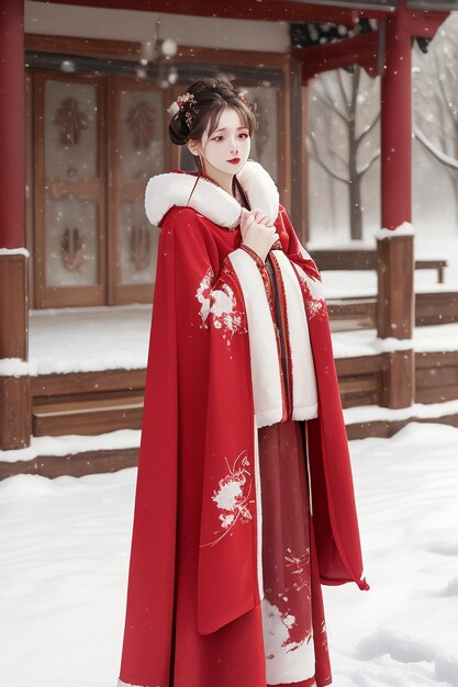 Carta da parati classica bellezza cinese che indossa una giacca cheongsam Hanfu nel freddo inverno e nevica