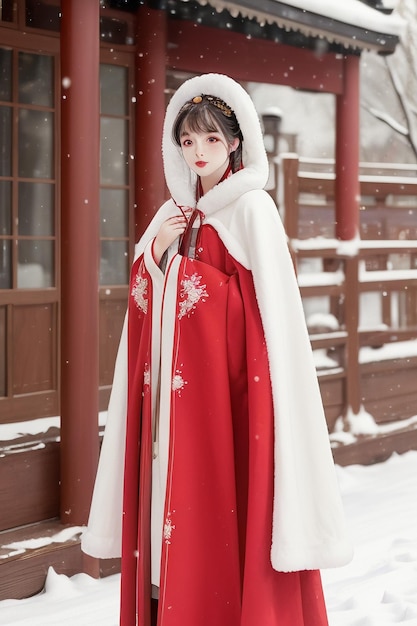 Carta da parati classica bellezza cinese che indossa una giacca cheongsam Hanfu nel freddo inverno e nevica