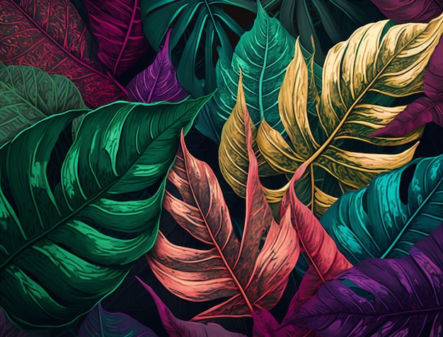 Carta da parati colorata di foglie tropicali Bellissimo design naturale