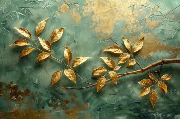 Carta da parati con decorazione dorata pittura d'arte sfondo arte e natura modello floreale con foglie dorate pianta e bambù di curvatura di sfondo verde linea