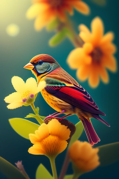 Carta da parati con un uccello su un fiore con sopra un uccello colorato