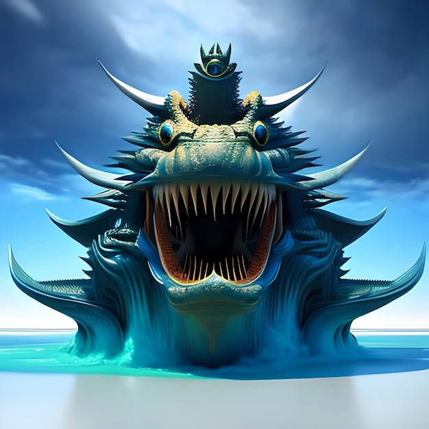carta da parati del paesaggio di arte digitale dell'illustrazione 3D di fantasia del mostro marino di tre teste