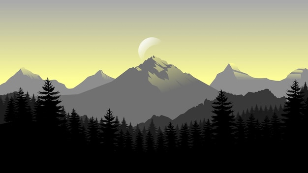 Carta da parati di paesaggio di montagna grigia in uno stile di design piatto minimalista