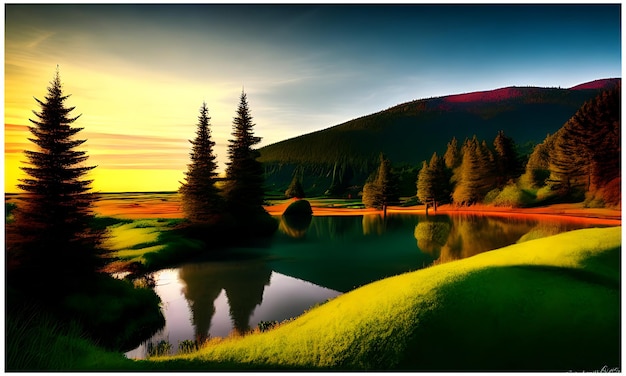 Carta da parati di paesaggio di paesaggio dell'albero di disegno del cielo di vista verde di colore della natura