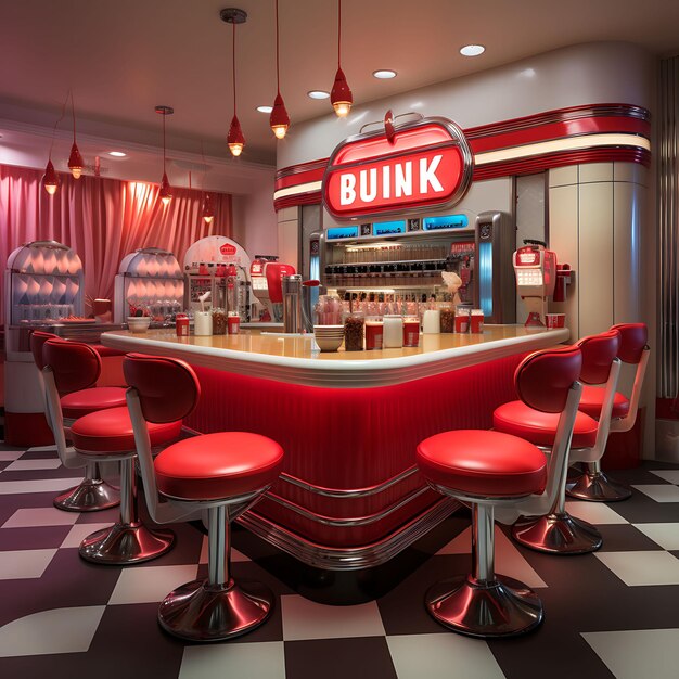 Carta da parati di Retro Diner Booth Seat Jukebox Milkshake Glasses Diner Sign Content Creator Concept