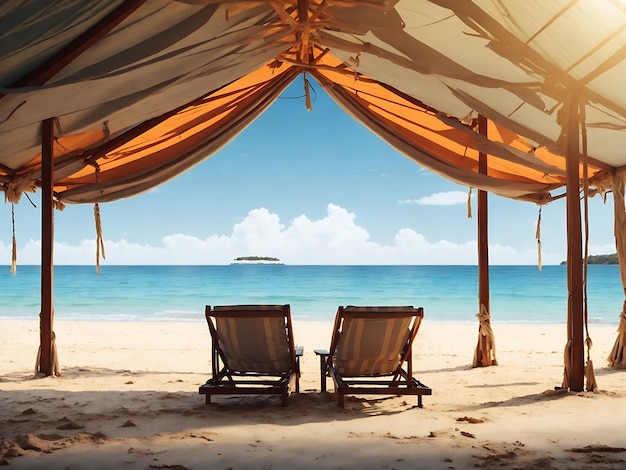 carta da parati due sedie a sdraio sotto la tenda sulla spiaggia Ai generato