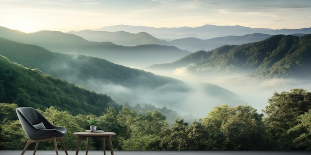 carta da parati estetica di montagna della foresta al mattino