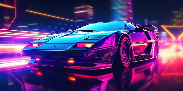 Carta da parati estetica synthwave per auto con un design al neon fresco e vivace