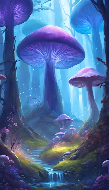 Carta da parati fantasy con paesaggio di funghi giganti e foresta