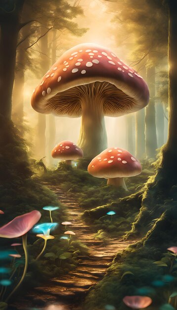 Carta da parati fantasy con paesaggio di funghi giganti e foresta