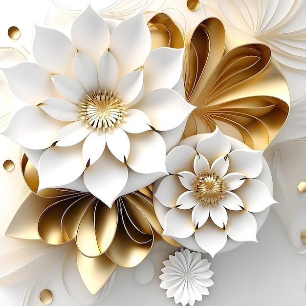 carta da parati fiori 3d con foglie d'oro e uno sfondo bianco