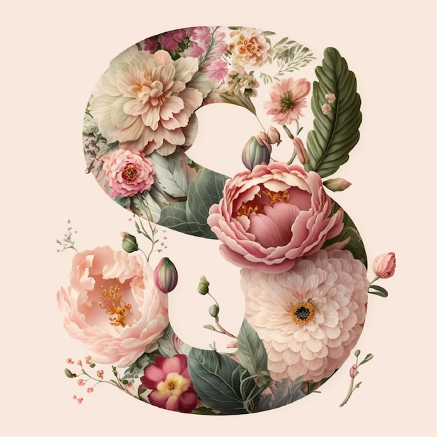 Carta da parati floreale con numero 8, copia-spazio, disegno botanico per celebrare la giornata internazionale della donna