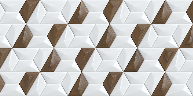 Carta da parati geometrica moderna dell'illustrazione 3d Piastrelle bianche con decorazioni in legno di noce