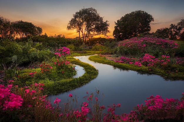 Carta da parati incantata del fondo del tramonto dell'acqua della fontana della scrivania di legno del giardino domestico