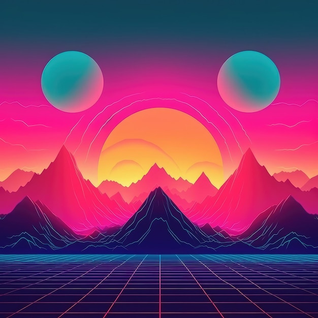 Carta da parati montagna onda retrò o sfondo synthwave