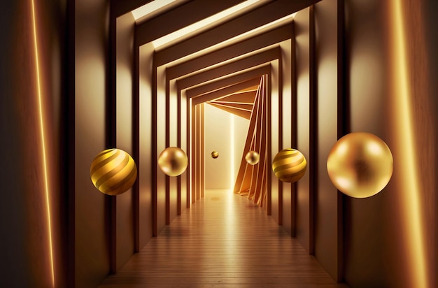 Carta da parati murale in metallo dorato astratto 3d. illustrazione sfondo tunnel con la sfera d'oro