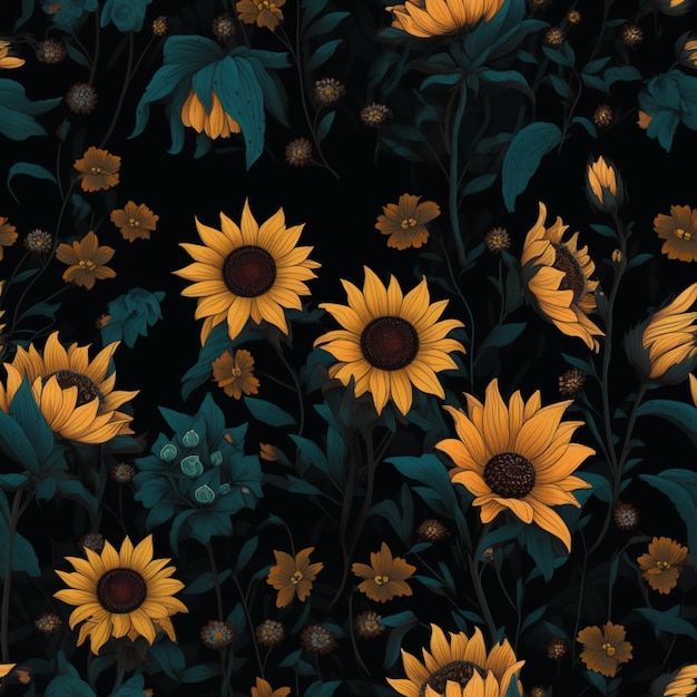 Carta da parati nera e gialla con girasoli e fiori blu su sfondo nero.