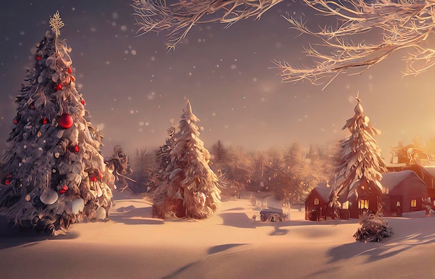 Carta da parati paesaggio di Natale bellissimo scenario invernale con alberi di Natale e neve