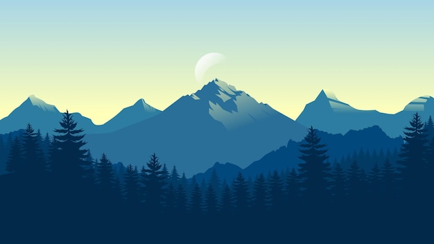 Carta da parati paesaggistica di montagna blu in uno stile di design piatto minimalista