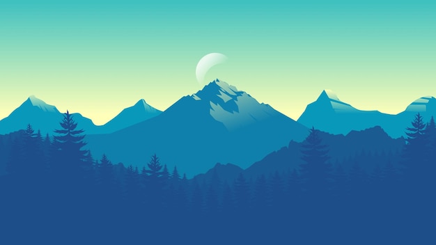 Carta da parati paesaggistica di montagna blu in uno stile di design piatto minimalista