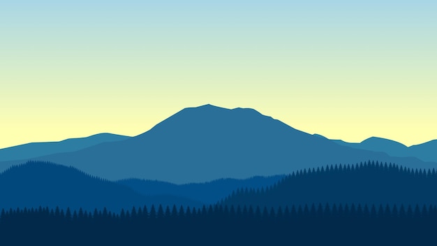 Carta da parati paesaggistica di montagna blu in uno stile di design piatto minimalista