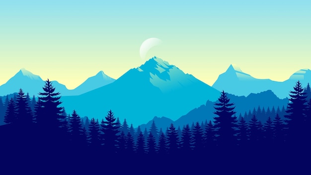 Carta da parati paesaggistica di montagna blu in uno stile di design piatto minimalista