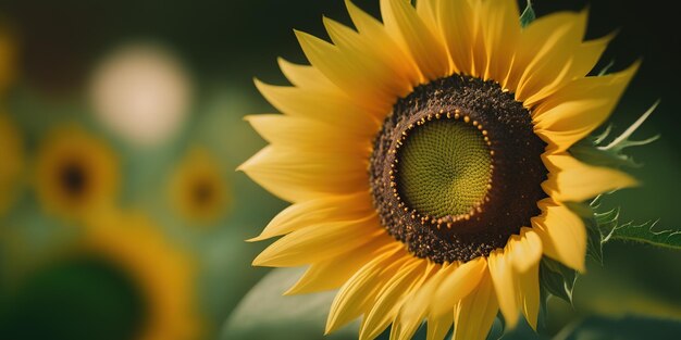 carta da parati panoramica con un primo piano di girasole su sfondo verde con fiori