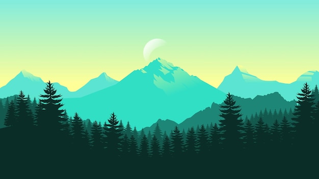 Carta da parati per paesaggi di montagna verde in uno stile di design piatto minimalista