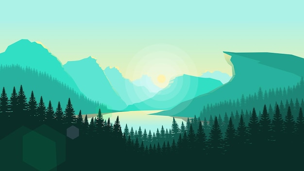 Carta da parati per paesaggi di montagna verde in uno stile di design piatto minimalista
