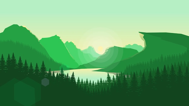 Carta da parati per paesaggi di montagna verde in uno stile di design piatto minimalista